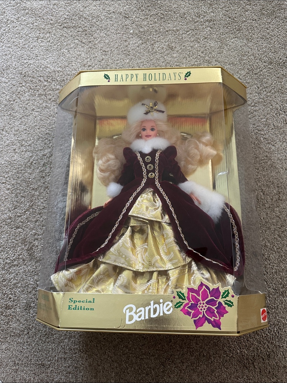 1996 Barbie Holiday Doll in Burgundy, Gold and White New